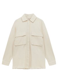 Beżowa bawełniana kurtka koszulowa z kołnierzykiem, z przodu na zamek, dwoma kieszeniami na piersi i postrzępionym dołem. Posiada długie rękawy i luźny krój.