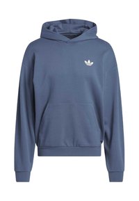 Hoodie i mörkblått bomullsblandning, med framficka och en vit logga på bröstet, samt ribbade muddar och fåll.