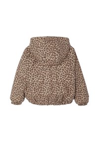 Beige Steppjacke mit Leopardenmuster und braunen Flecken, ausgestattet mit einer Kapuze, gerafftem Saum und elastischen Bündchen für einen angenehmen Sitz.