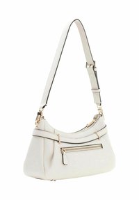 Sac à main en cuir blanc à forme incurvée, avec une bandoulière réglable, des accents dorés et une poche avant zippée. Fini texturé.