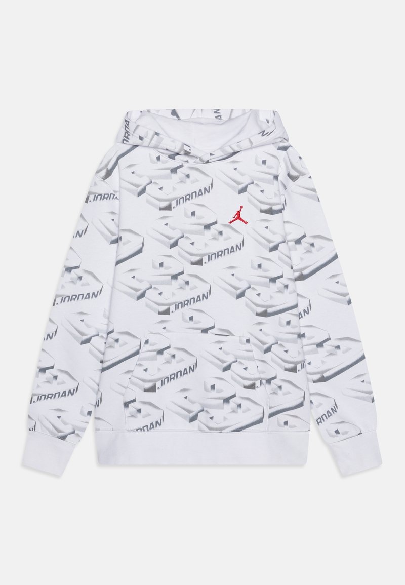 Sudadera blanca con patrón de texto 3D en toda la prenda. Presenta un bolsillo frontal tipo canguro y un logo rojo de Jordan en el pecho. Tejido suave, corte relajado.
