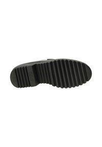 Zwarte rubberen schoenzool met diepe horizontale groeven voor grip, ronde teen en in reliëf aangebrachte merknaam. Glad oppervlak met minimale details.