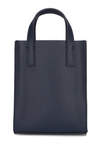 Donkerblauwe leren tote bag met een gladde textuur, vierkante vorm en twee handvatten aan de bovenkant; beschikt over zichtbare stikdetails en een minimalistisch ontwerp.
