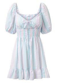 Light blue and white striped short dress with puffed sleeves, smocked bodice, tie front, and ruffled hem. Soft, lightweight fabric with pastel accents.
