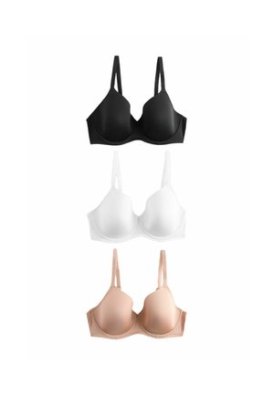 Trei sutiene cu burete, în negru, alb și bej, aranjate vertical pe un fundal alb.