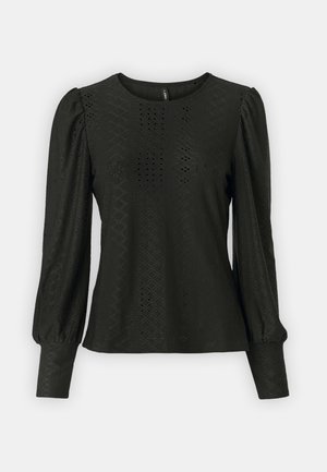 Juodas ilgų rankovių marškinėlis su tekstūruotu raštu, kuriame yra deimanto dizainai ir apykakle. Pūkuotos rankovės ir prigludę rankogaliai suteikia apimties.