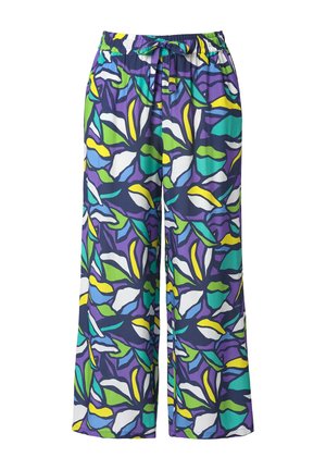 Bukser med vid ben, elastik i taljen og bindebånd, med et livligt abstrakt bladmønster i lilla, grøn, blå, gul og hvid.