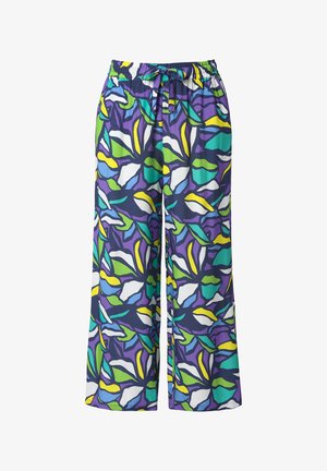 Pantalon à jambes larges avec taille élastique et lien, présentant un motif abstrait de feuilles coloré en violet, vert, bleu, jaune et blanc.