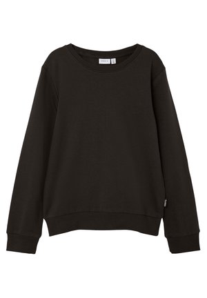 Sort langærmet sweatshirt med rund hals, ribstrikkede manchetter og kant samt en lille stofmærkat på den nedre sidesøm.