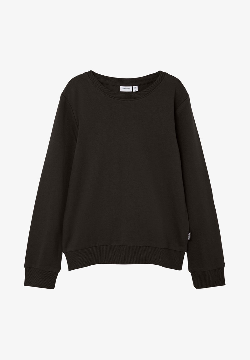 Sweat-shirt noir à manches longues avec col rond, poignets et ourlet côtelés, et une petite étiquette en tissu sur la couture latérale inférieure.