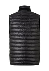 Zwarte gewatteerde bodywarmer met horizontale stiksels, hoge kraag en lichtgewicht materiaal. Glad oppervlak met een strakke, matte afwerking. Geen zichtbaar metalen details.