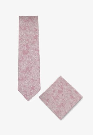 Pink necktie and matching pocket square set with intricate white paisley pattern on a textured fabric background.