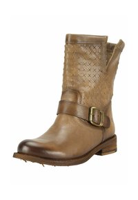 Mid-brown leather ankle boot with textured upper, decorative strap and brass buckle, round toe, and low wooden heel.