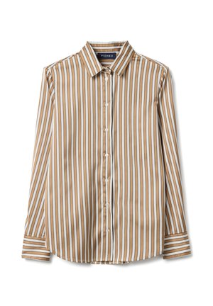 Camisa de manga larga con botones, con rayas verticales en beige, blanco y negro, y cuello puntiagudo, extendida sobre un fondo blanco.