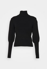 Zwarte geribde turtleneck trui met lange, aansluitende mouwen en een iets verkorte zoom. Materiaal lijkt zacht met een gestructureerde afwerking.