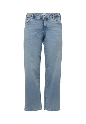 Jasnoniebieskie jeansy o prostych nogawkach z przednimi kieszeniami, szlufkami na pasek oraz zapięciem na guzik i suwak.