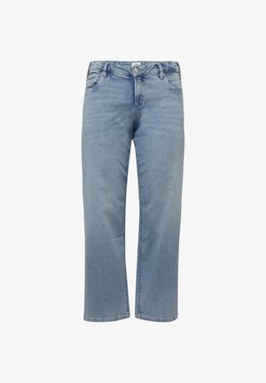 Hellblaue Jeans mit geradem Bein, Vordertaschen, Gürtelschlaufen sowie Knopf- und Reißverschluss.