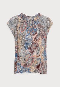 Kortärmad blus i lätt material med ett paisleymönster som har blå, röda, orange och beige inslag. Draperad detalj vid halsringningen.
