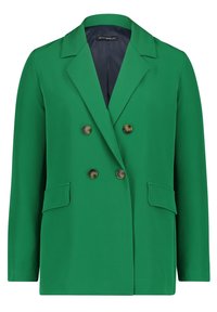 Blazer verde de doble botonadura con cuatro botones oscuros, cuello con solapa de muesca, dos bolsillos delanteros con solapa y forro interior oscuro.