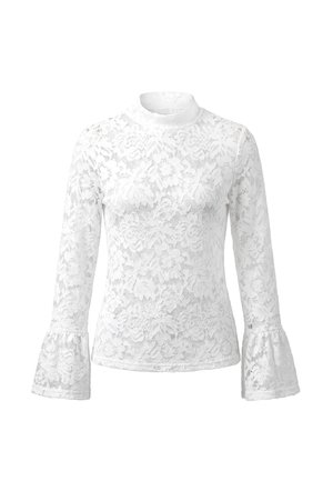Witte bloemenkant blouse met lange mouwen, hoge halslijn en uitgewaaierde manchetten, met een semi-transparant gestructureerd ontwerp.