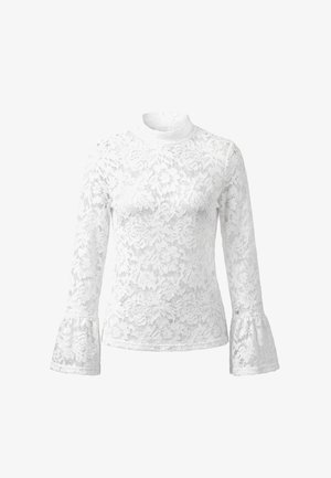 Bílá květinová krajková halenka s dlouhým rukávem, vysokým límcem a rozšířenými manžetami, s poloprůhledným texturovaným designem.