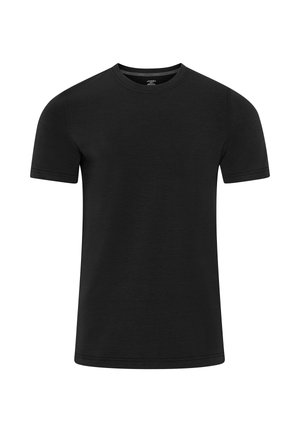 Sort T-shirt med korte ærmer og rund halsudskæring med synlige syninger omkring ærmer, hals og kant, vist på en hvid baggrund.