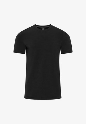 Sort T-shirt med korte ærmer og rund halsudskæring med synlige syninger omkring ærmer, hals og kant, vist på en hvid baggrund.