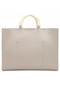 Rektangulär grå läderhandväska med en slät yta, med ett topphandtag i trä och en diskret detalj i form av en framsida ficka.