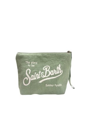 Bustina in tessuto verde con cerniera e testo bianco con la scritta "The place to be Saint Barth Summer Paradise" e un piccolo cinturino per polso sul lato.