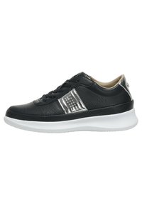Black leather sneaker with silver accents, textured finish, lace-up design, and a cushioned white sole for comfort.