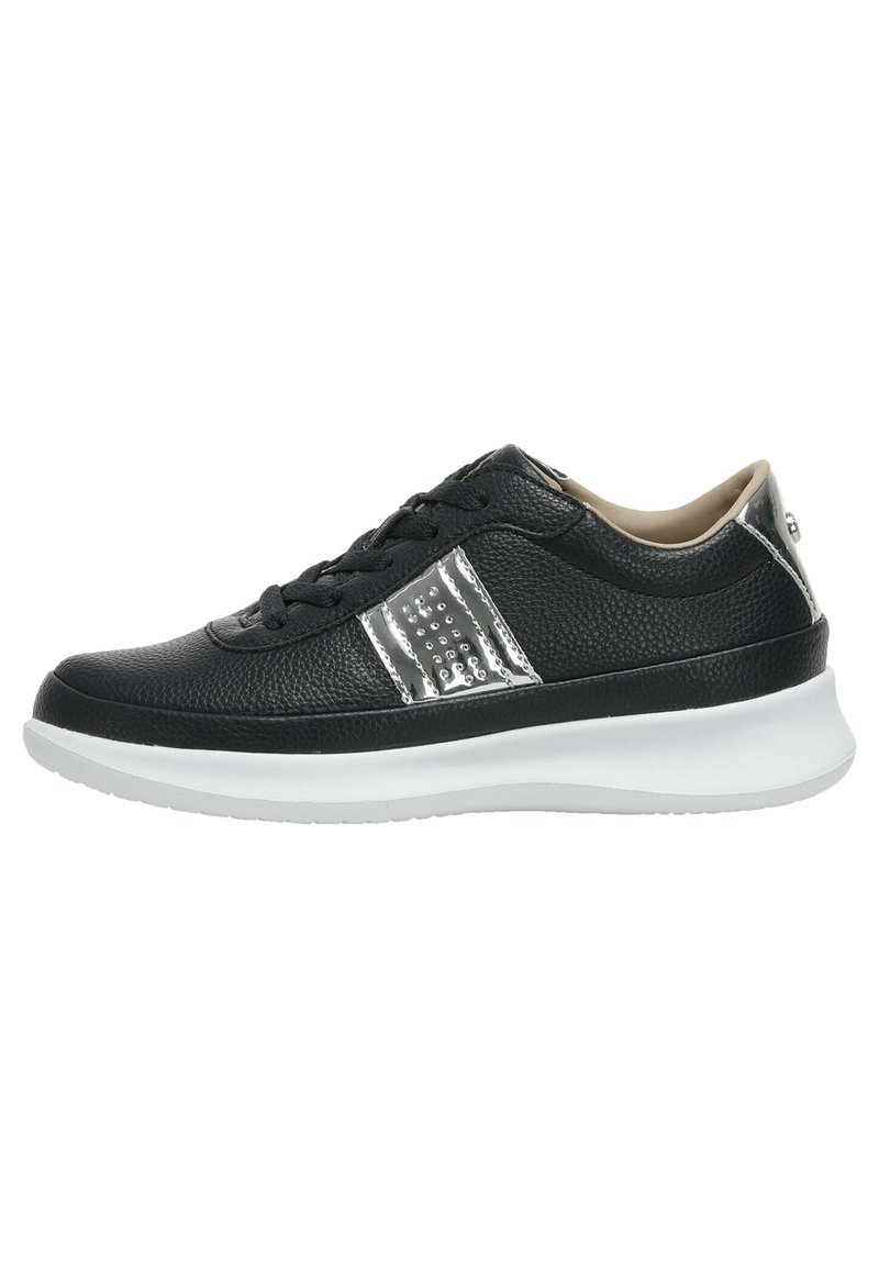 Black leather sneaker with silver accents, textured finish, lace-up design, and a cushioned white sole for comfort.