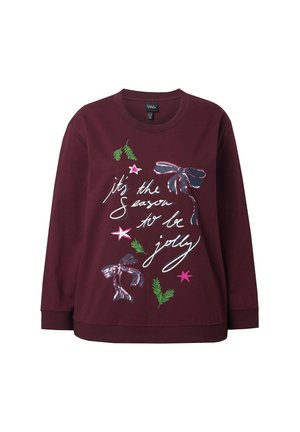 Bordeaux sweatshirt met lange mouwen, voorzien van witte tekst en kleurrijke graphics van linten en bladeren, textuurelementen en een ronde halslijn.