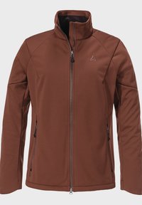 Braune Softshell-Jacke mit hohem Kragen, Frontreißverschluss und seitlichen Reißverschlusstaschen. Glatte Textur und taillierte Passform mit verstärkten Nähten.