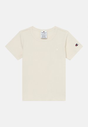 T-shirt crema a maniche corte in cotone, con scollatura rotonda e un piccolo logo sul petto e sulla manica. Tessuto liscio, vestibilità classica.