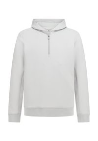 Lichtgrijze hoodie met een halve ritssluiting aan de voorkant, zachte stof, lange mouwen, ribgebreide manchetten en zoom, en een trekkoord bij de kap.