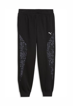 Pantalon de survêtement noir Puma avec taille élastique, chevilles resserrées et panneaux à motif léopard gris foncé sur les cuisses, avec un logo Puma blanc sur le côté droit.