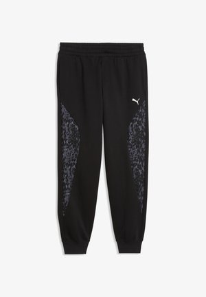 Pantalon de survêtement noir Puma avec taille élastique, chevilles resserrées et panneaux à motif léopard gris foncé sur les cuisses, avec un logo Puma blanc sur le côté droit.