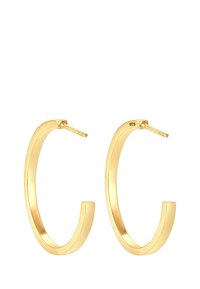 Goldene Creolen mit einem glatten, runden Design und offener Verschluss, gekennzeichnet mit "925" für Qualität. Sie haben eine glänzende Oberfläche und eine minimalistische Form.