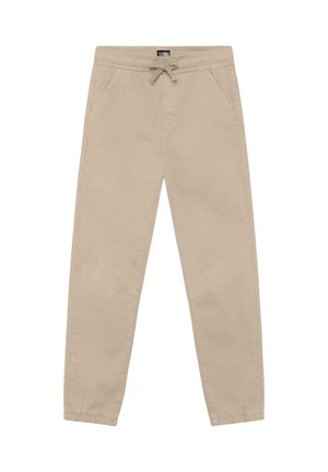 Beżowe spodnie z elastyczną talią i sznurkiem do wiązania, wyposażone w dwie boczne kieszenie i zwężane mankiety. Gładka tkanina o subtelnej fakturze.