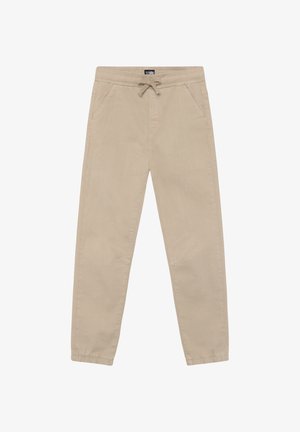 Beżowe spodnie z elastyczną talią i sznurkiem do wiązania, wyposażone w dwie boczne kieszenie i zwężane mankiety. Gładka tkanina o subtelnej fakturze.