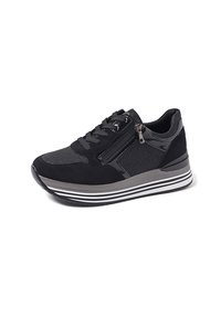 Chaussure de sport noire en tissu lisse et texturé, équipée d'une fermeture éclair latérale et d'une semelle superposée avec des bandes blanches.