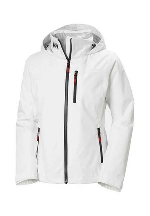 Chaqueta blanca con capucha, cremalleras negras y tiradores de cremallera rojos en el pecho frontal y los bolsillos laterales, mostrada sobre un fondo blanco liso.