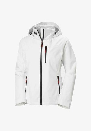 Chaqueta blanca con capucha, cremalleras negras y tiradores de cremallera rojos en el pecho frontal y los bolsillos laterales, mostrada sobre un fondo blanco liso.