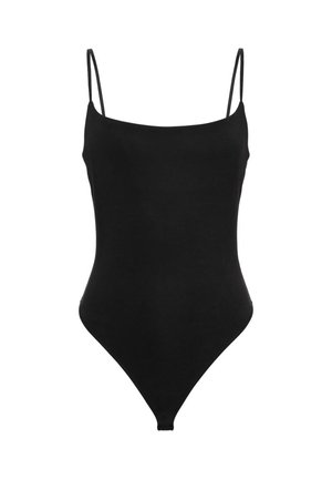Čierne jednodielne plavky s tenkými špagetovými ramienkami a rovnou výstrihou, zobrazené na bielom pozadí.