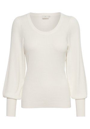 Haut à manches longues blanc à côtes avec un col dégagé, des manches légèrement volumineuses et des poignets ajustés. Texture douce avec des lignes verticales.