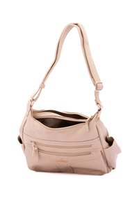 Borsa a tracolla in pelle beige con tracolla regolabile, dotata di molteplici tasche con cerniera e una superficie testurizzata. Finiture in oro.