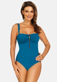 Turkusowy jednoczęściowy strój kąpielowy z regulowanymi ramiączkami, z zamkiem błyskawicznym z przodu, marszczonym materiałem na biuście oraz wysokimi wycięciami nogawek.