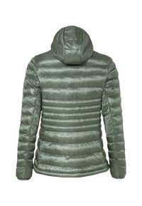 Gevulde groene jas met een capuchon, voorzien van horizontale gestikte delen, zacht glanzende stof en elastische manchetten voor een comfortabele pasvorm.