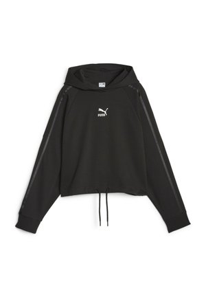 Felpa corta nera realizzata in materiale morbido. Presenta un cordino all'orlo, un grande cappuccio e il logo bianco di Puma sul davanti.