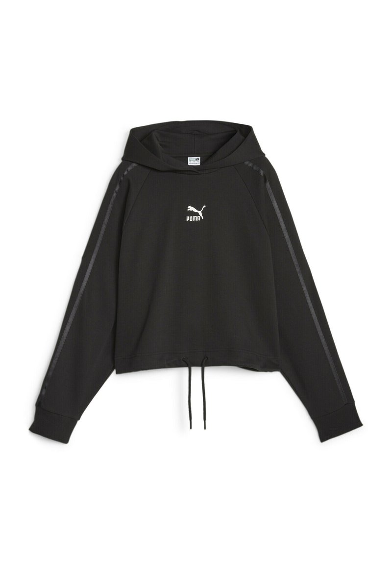 Felpa corta nera realizzata in materiale morbido. Presenta un cordino all'orlo, un grande cappuccio e il logo bianco di Puma sul davanti.